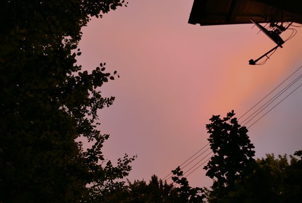 Stromleitungen und Satellitenantenne vor dem rosaroten Himmel